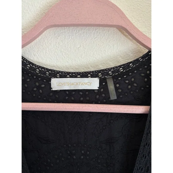 LoveShackFancy Edie Black Cotton Poplin Lace Button Front Midi Dress Tiered Sz M - Picture 5 of 7